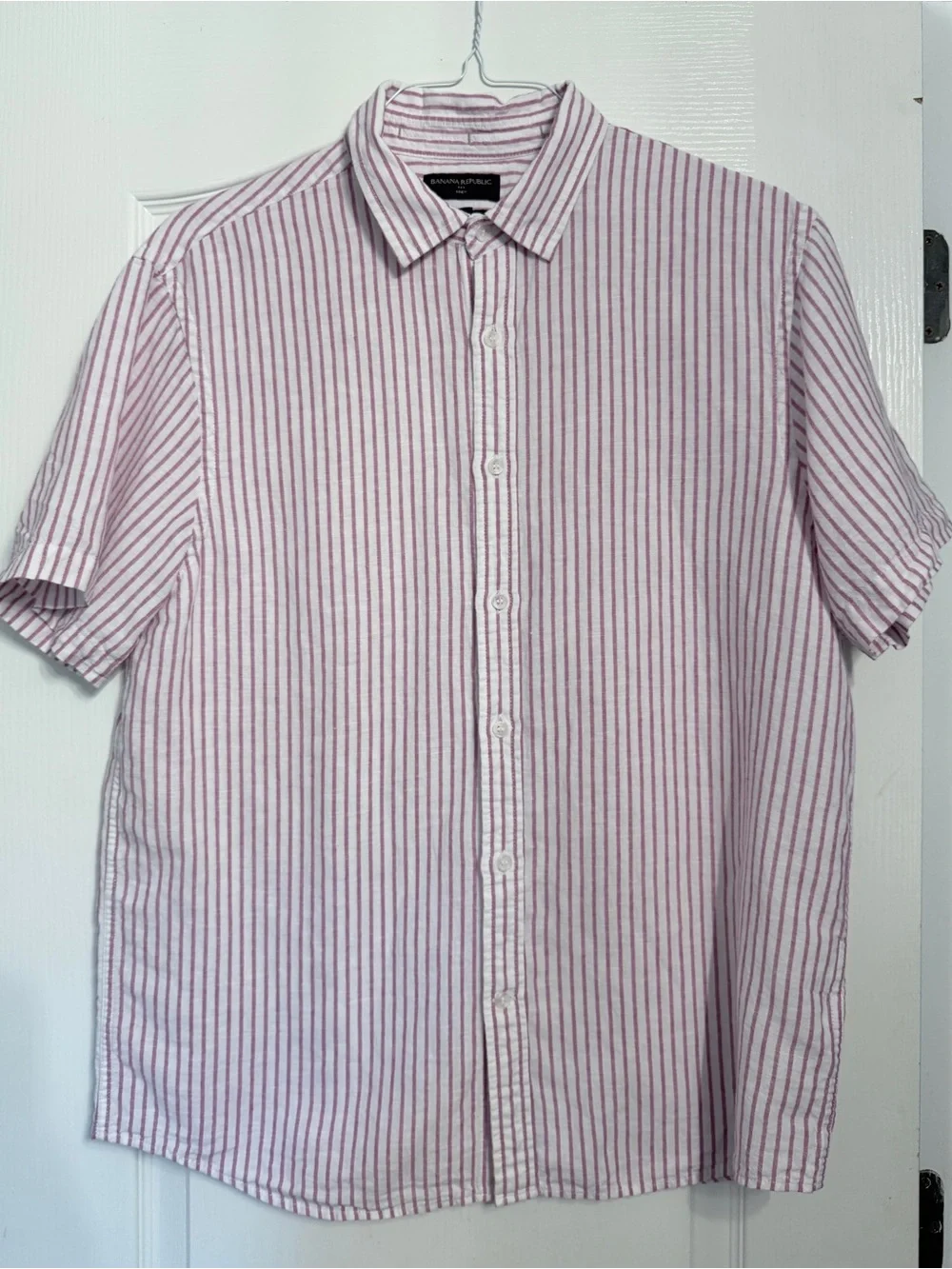 Banana Republic Mens Linen Cotton Button Up -Pink Stripes Large Excellent Beach